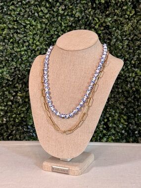 Cabi Blue & White Beaded Necklace with Gold Chain Layer